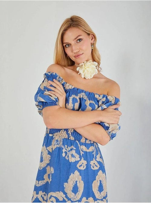 Vestido midi floral com folhos, ombros descobertos e detalhe de atar mixray - Kiabi Vestido midi floral com folhos, ombros descobertos e detalhe de atar mixray - Kiabi