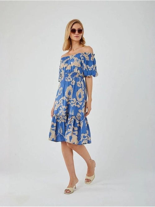 Vestido midi floral com folhos, ombros descobertos e detalhe de atar mixray - Kiabi Vestido midi floral com folhos, ombros descobertos e detalhe de atar mixray - Kiabi