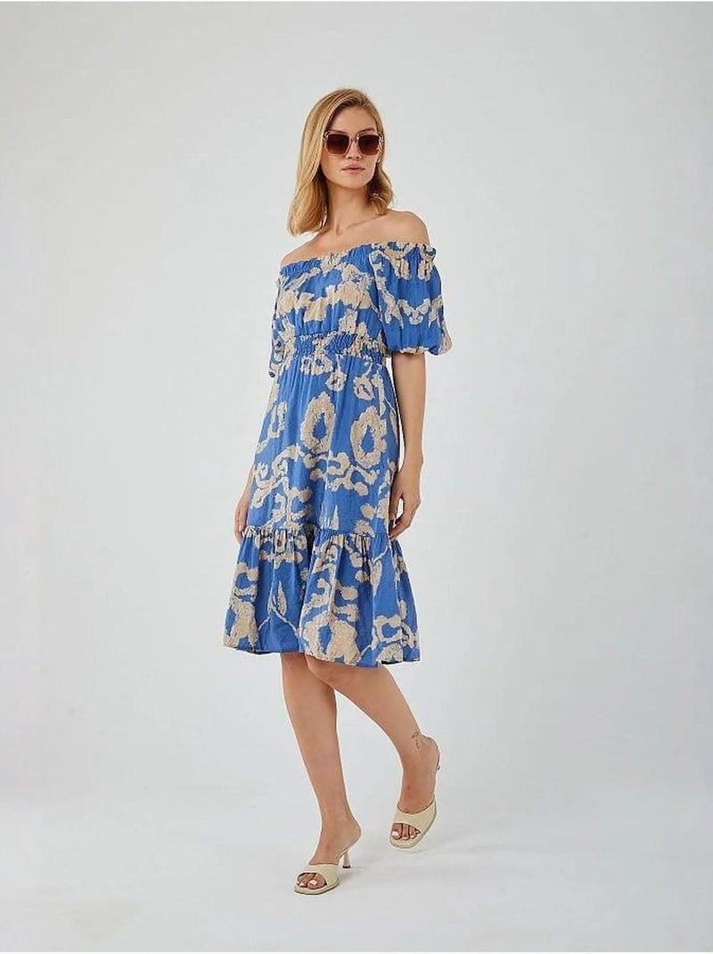 Vestido midi floral com folhos, ombros descobertos e detalhe de atar mixray Azul claro - Kiabi