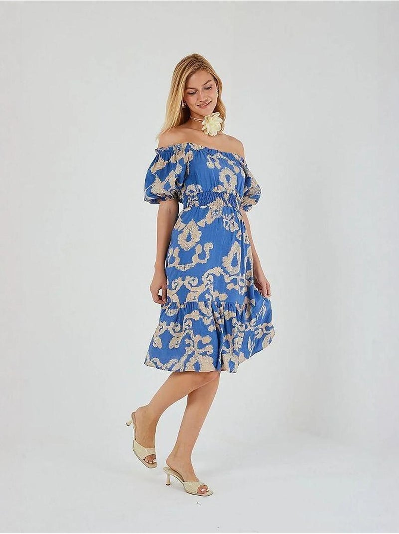 Vestido midi floral com folhos, ombros descobertos e detalhe de atar mixray Azul claro - Kiabi