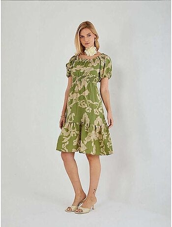 Vestido midi floral com folhos, ombros descobertos e detalhe de atar mixray