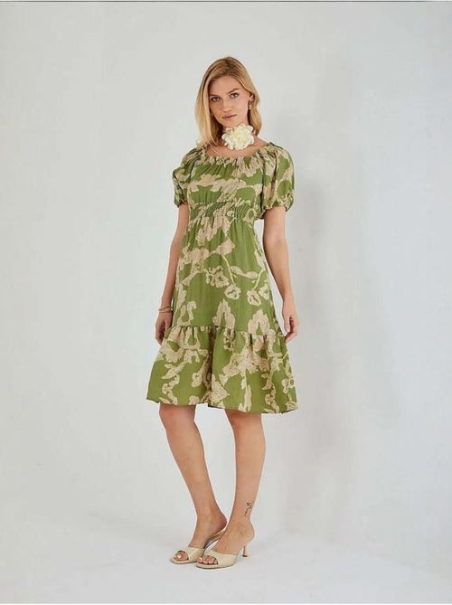 Vestido midi floral com folhos, ombros descobertos e detalhe de atar mixray - Kiabi Vestido midi floral com folhos, ombros descobertos e detalhe de atar mixray - Kiabi