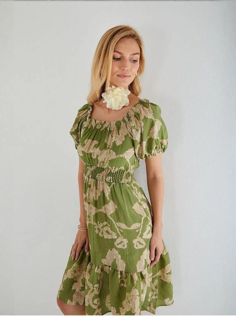 Vestido midi floral com folhos, ombros descobertos e detalhe de atar mixray Verde - Kiabi