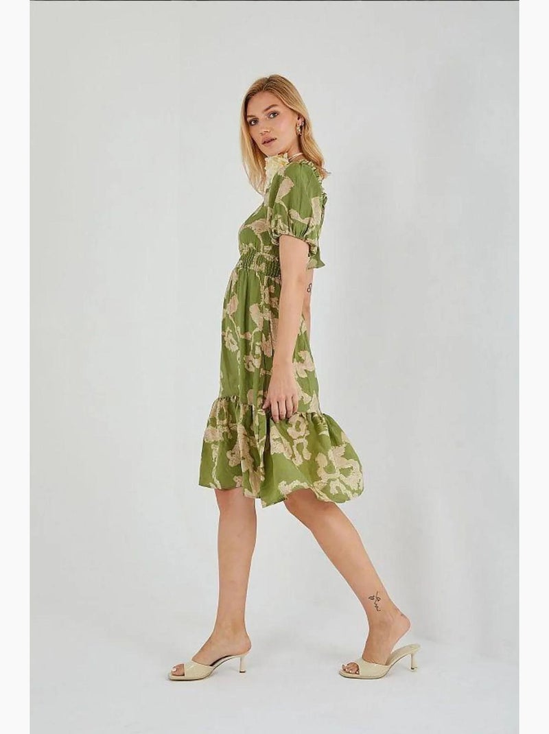 Vestido midi floral com folhos, ombros descobertos e detalhe de atar mixray Verde - Kiabi