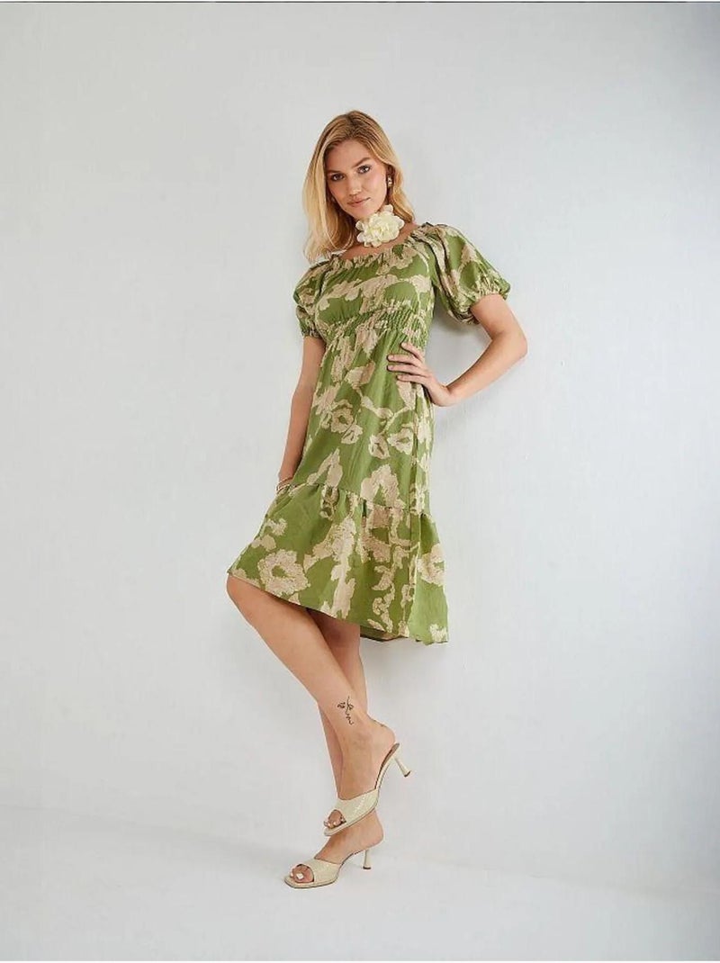 Vestido midi floral com folhos, ombros descobertos e detalhe de atar mixray Verde - Kiabi