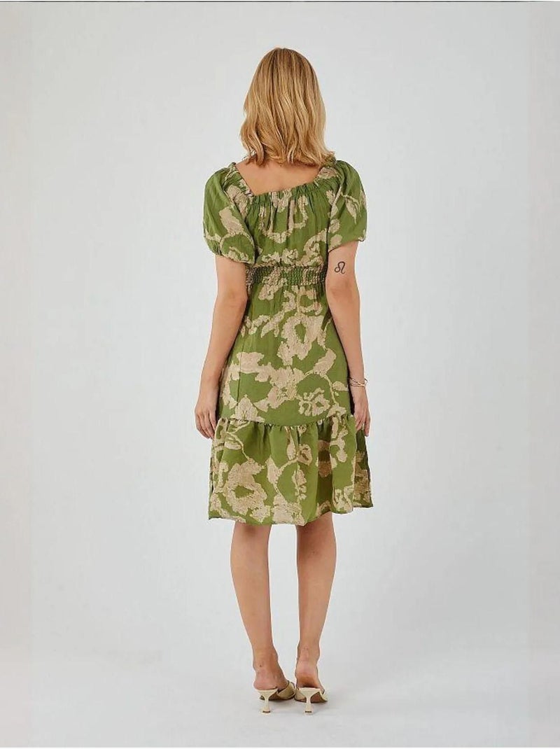 Vestido midi floral com folhos, ombros descobertos e detalhe de atar mixray Verde - Kiabi