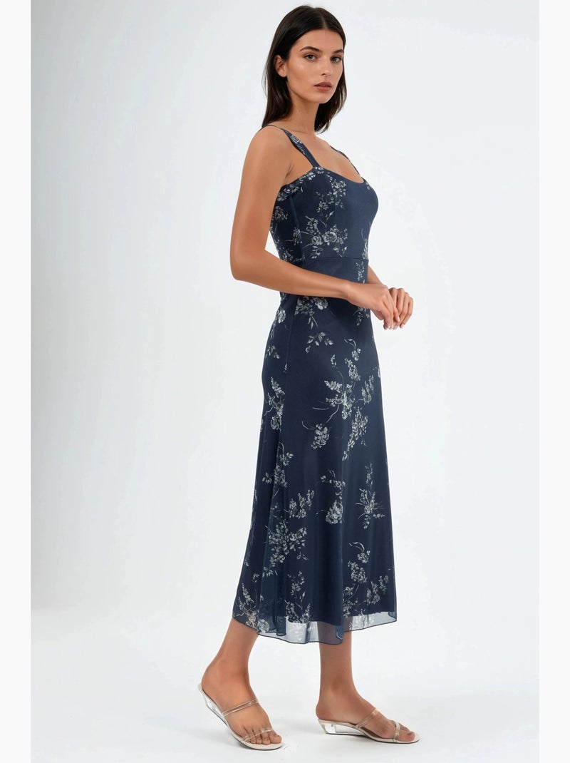 Vestido midi floral com gola em coração hiccup Azul - Kiabi