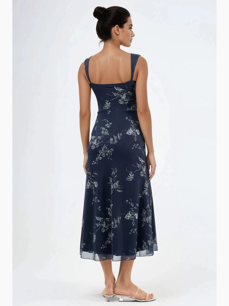 Vestido midi floral com gola em coração hiccup Azul - Kiabi