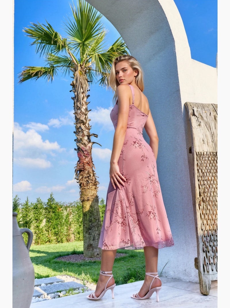 Vestido midi floral com gola em coração hiccup Malva - Kiabi