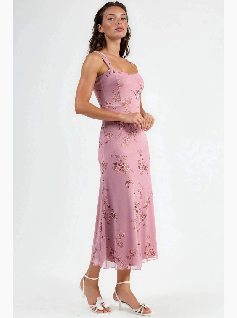 Vestido midi floral com gola em coração hiccup Malva - Kiabi