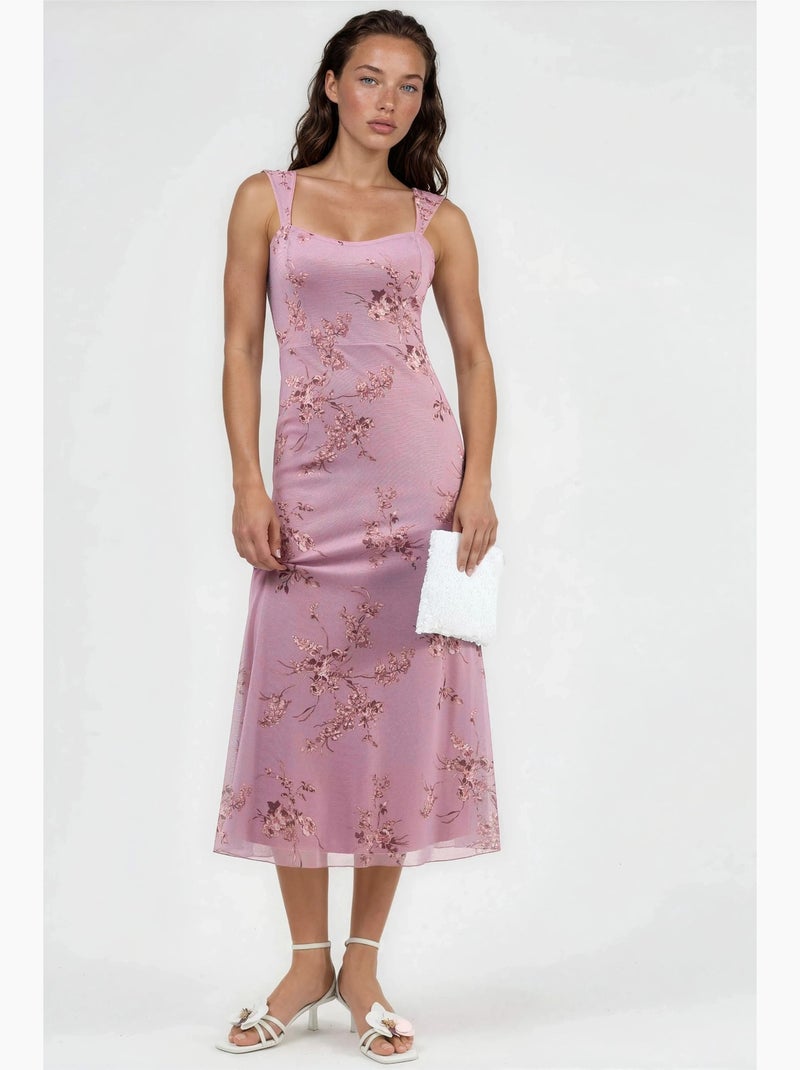 Vestido midi floral com gola em coração hiccup Malva - Kiabi