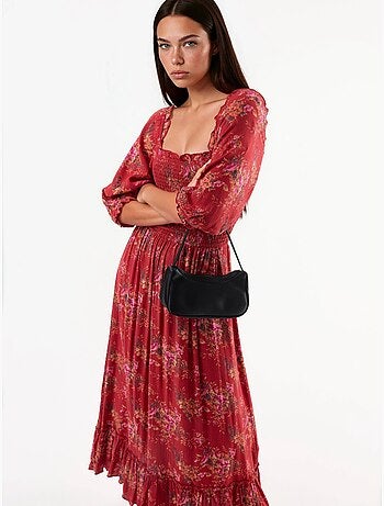 Vestido midi floral com gola quadrada busem