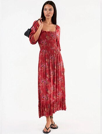 Vestido midi floral com gola quadrada busem