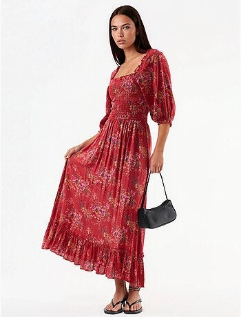 Vestido midi floral com gola quadrada busem