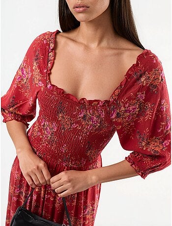Vestido midi floral com gola quadrada busem