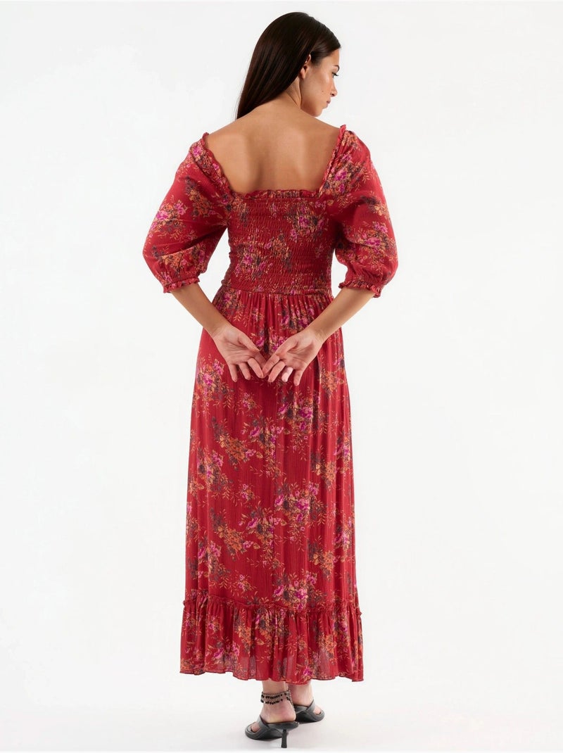 Vestido midi floral com gola quadrada busem Vermelho - Kiabi