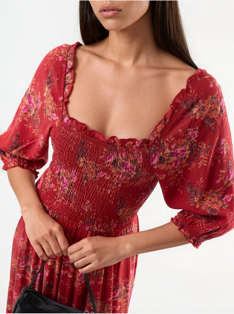 Vestido midi floral com gola quadrada busem Vermelho - Kiabi