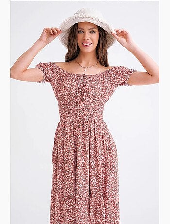 Vestido midi floral com ombros descobertos, cintura franzida e mangas abalonadas mixray