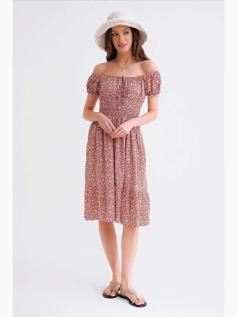 Vestido midi floral com ombros descobertos, cintura franzida e mangas abalonadas mixray Terracota - Kiabi