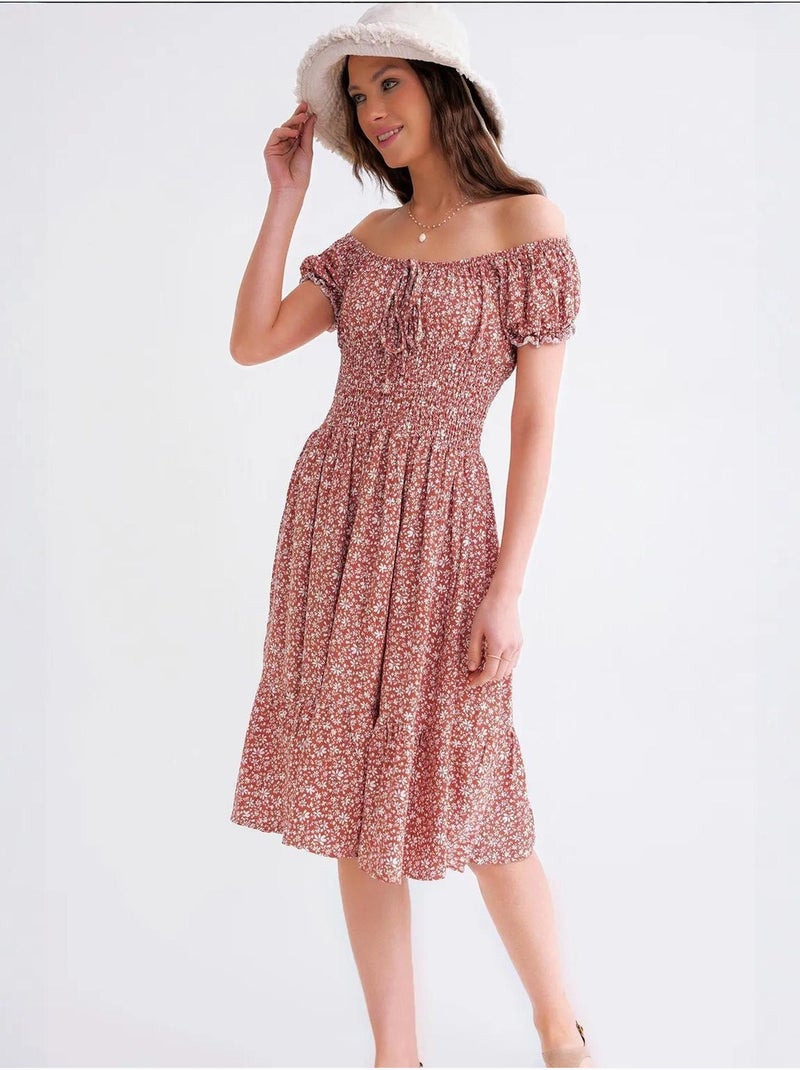 Vestido midi floral com ombros descobertos, cintura franzida e mangas abalonadas mixray Terracota - Kiabi