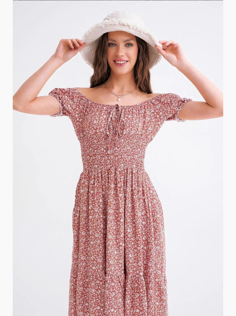 Vestido midi floral com ombros descobertos, cintura franzida e mangas abalonadas mixray Terracota - Kiabi