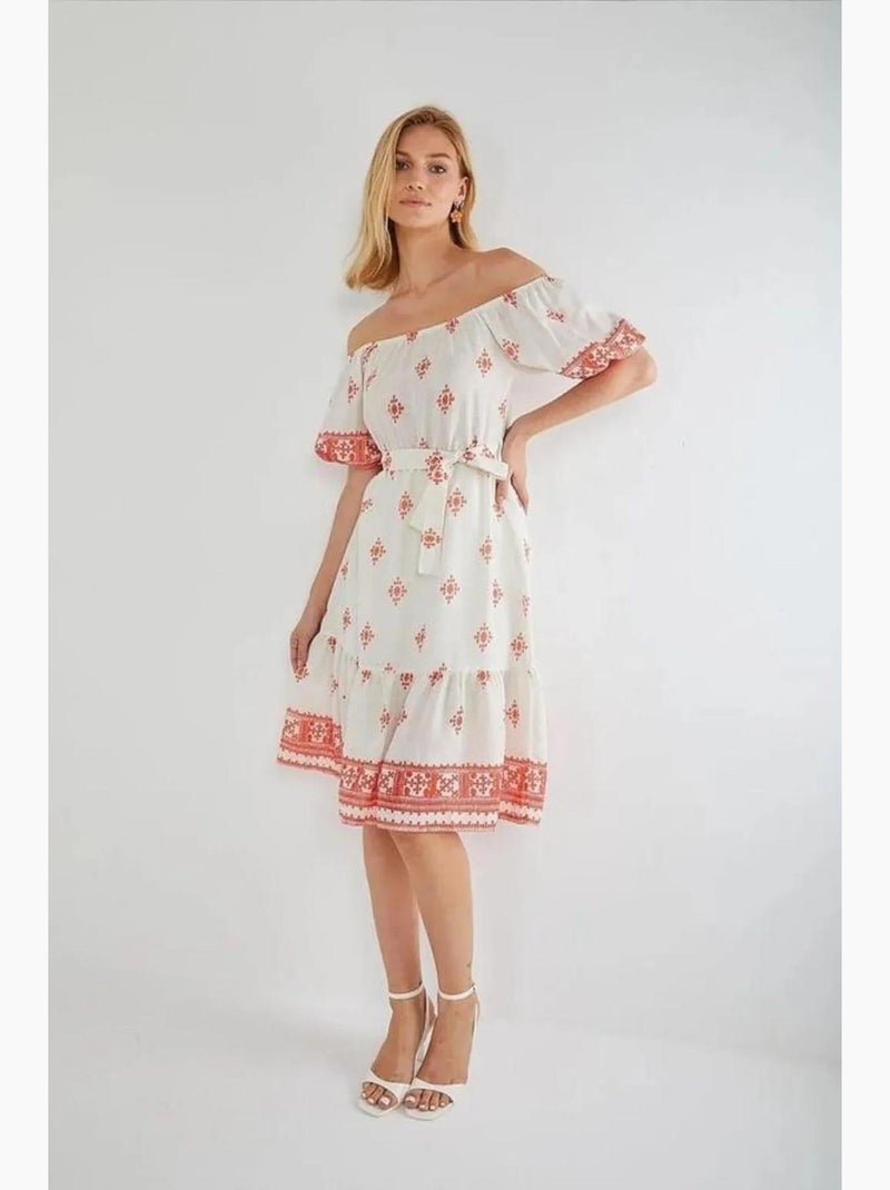 Vestido midi floral com ombros descobertos mixray Branco sujo - Kiabi