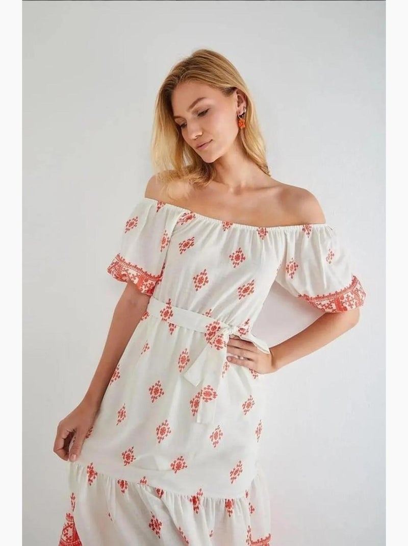 Vestido midi floral com ombros descobertos mixray Branco sujo - Kiabi