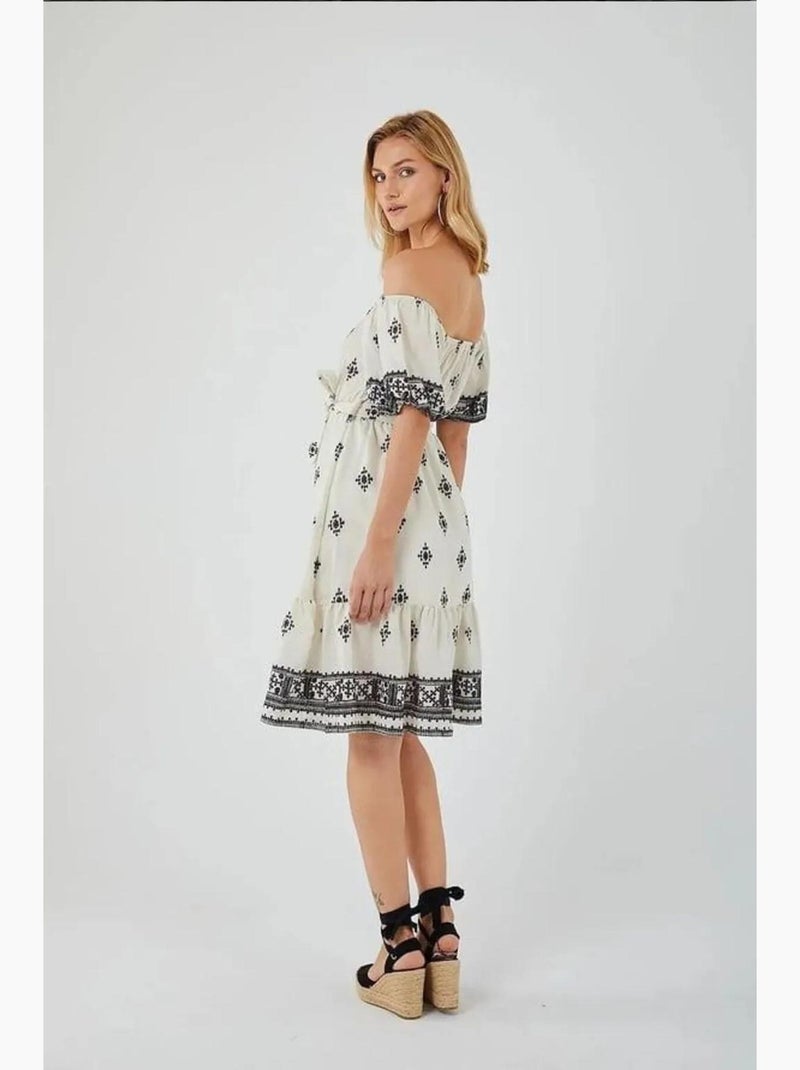 Vestido midi floral com ombros descobertos mixray Creme - Kiabi