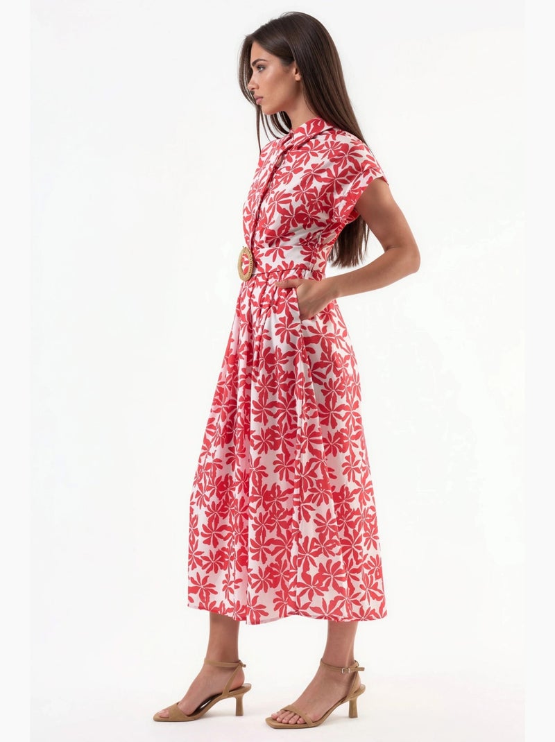 Vestido midi floral em linha a com cinto busem Vermelho - Kiabi