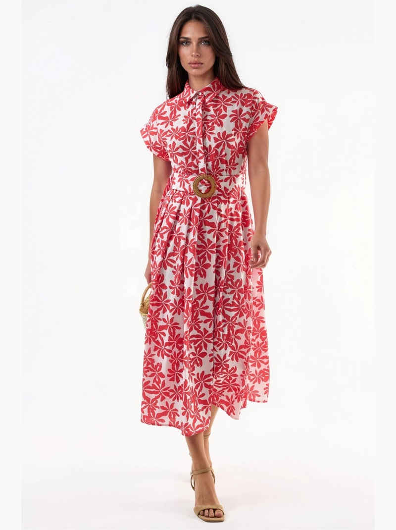 Vestido midi floral em linha a com cinto busem Vermelho - Kiabi