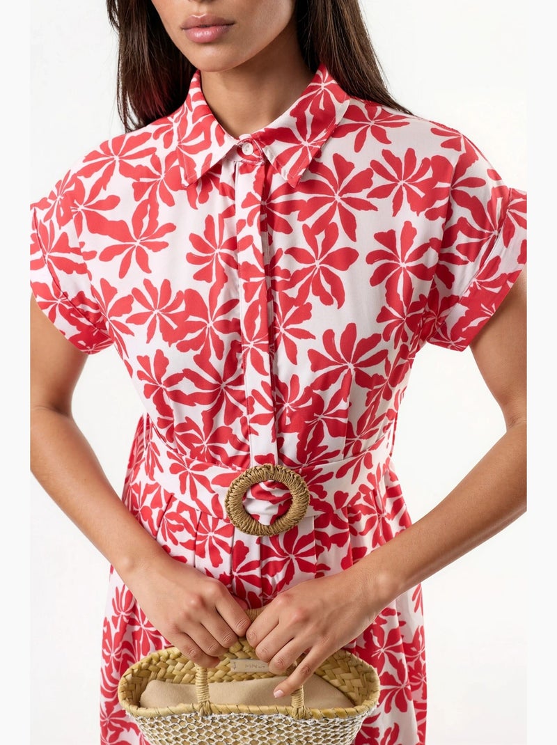 Vestido midi floral em linha a com cinto busem Vermelho - Kiabi