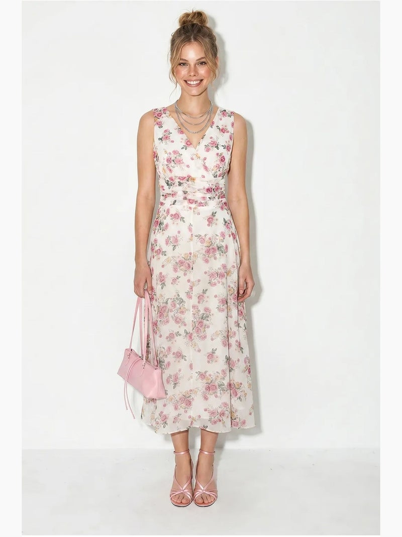 Vestido midi floral em linha a lucci Branco Rosa - Kiabi