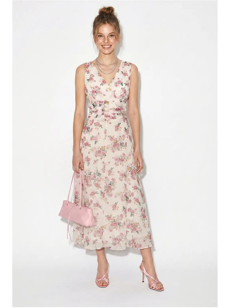 Vestido midi floral em linha a lucci Branco Rosa - Kiabi