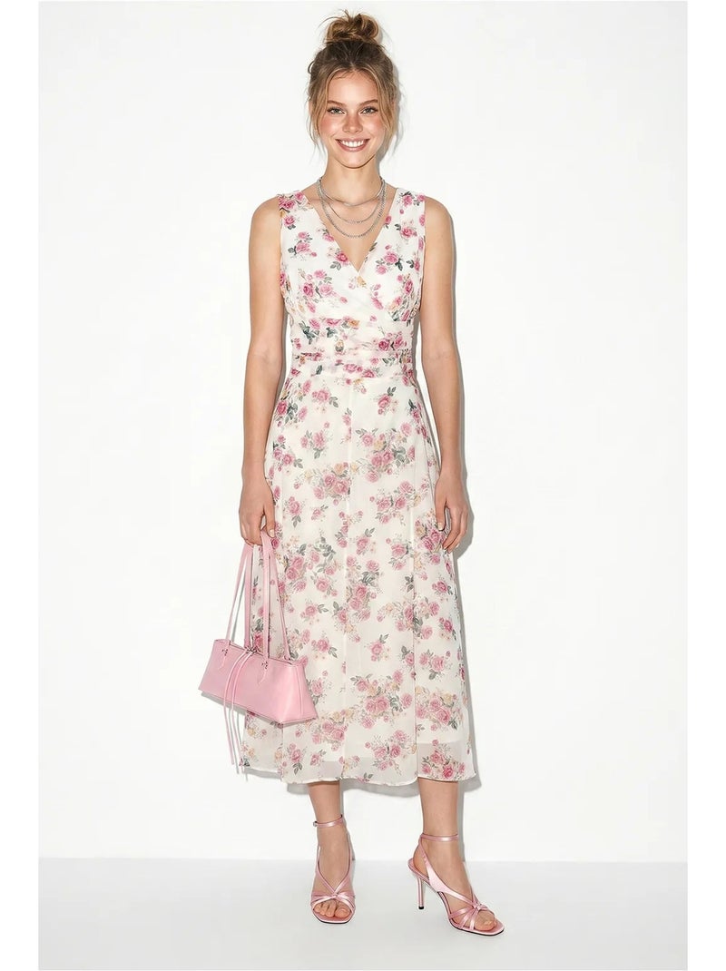 Vestido midi floral em linha a lucci Branco Rosa - Kiabi