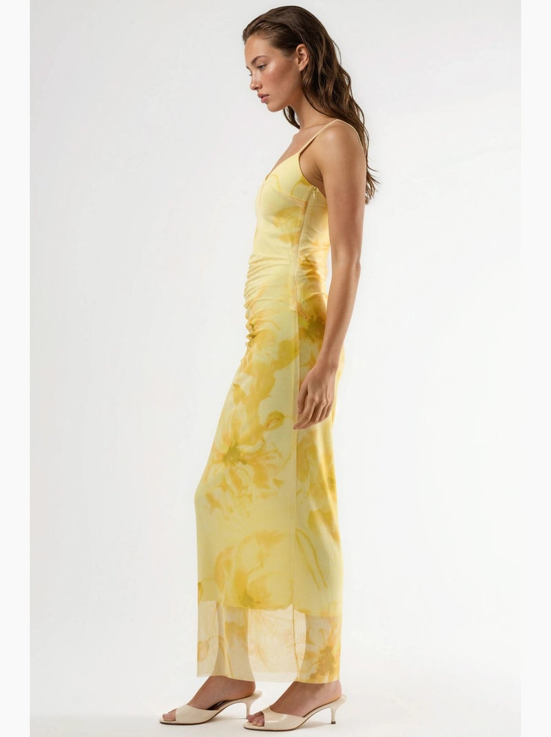 Vestido midi floral justo com drapeado busem Amarelo-limão - Kiabi