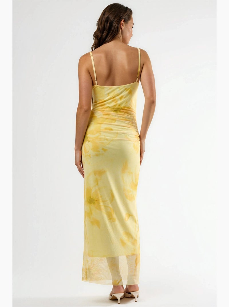 Vestido midi floral justo com drapeado busem Amarelo-limão - Kiabi
