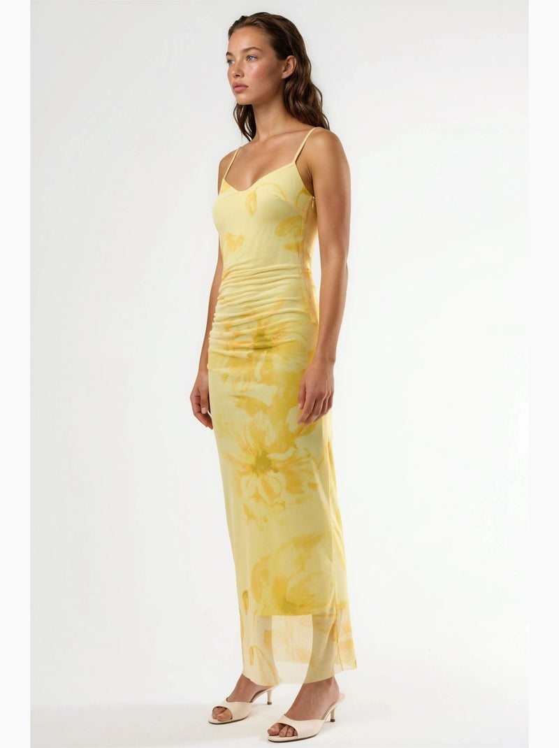 Vestido midi floral justo com drapeado busem Amarelo-limão - Kiabi