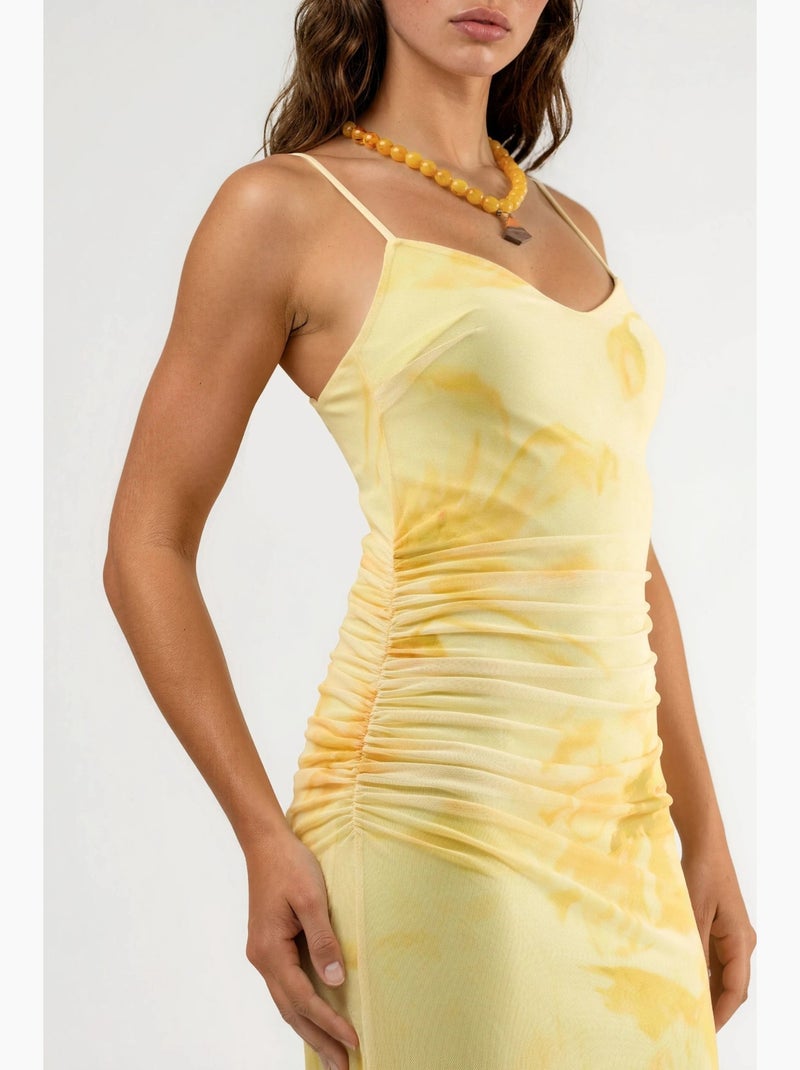 Vestido midi floral justo com drapeado busem Amarelo-limão - Kiabi