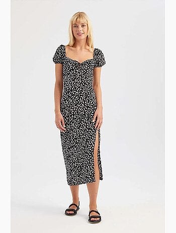 Vestido midi floral ombro a ombro com racha lateral hiccup