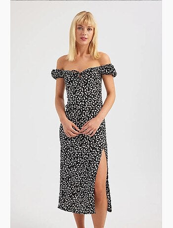 Vestido midi floral ombro a ombro com racha lateral hiccup