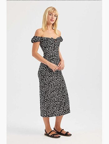 Vestido midi floral ombro a ombro com racha lateral hiccup