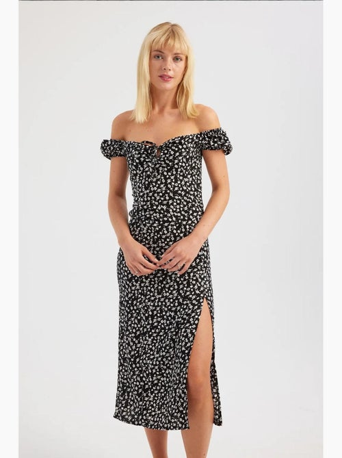 Vestido midi floral ombro a ombro com racha lateral hiccup - Kiabi Vestido midi floral ombro a ombro com racha lateral hiccup - Kiabi