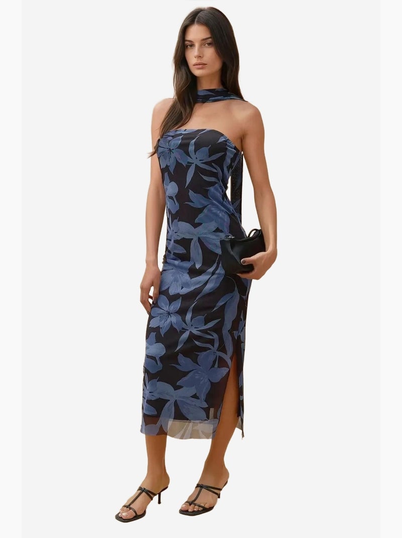 Vestido midi floral sem alças hiccup Azul-cobalto - Kiabi
