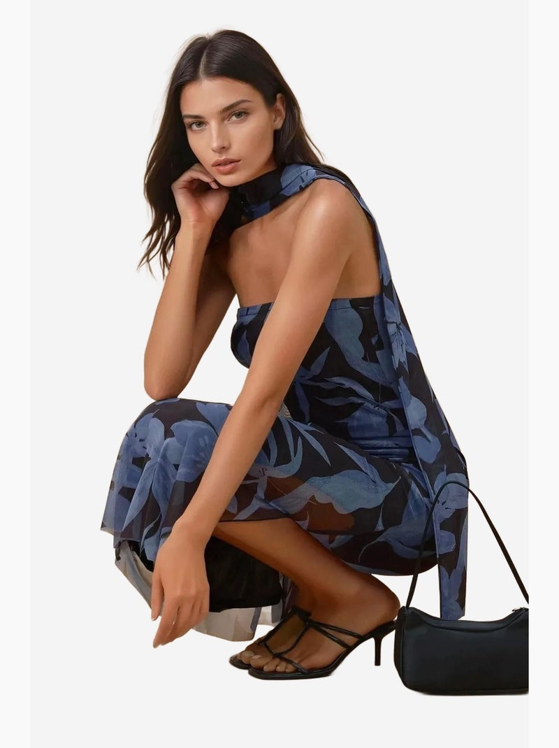 Vestido midi floral sem alças hiccup Azul-cobalto - Kiabi