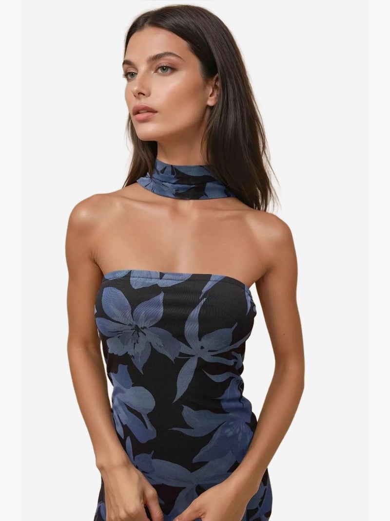 Vestido midi floral sem alças hiccup Azul-cobalto - Kiabi