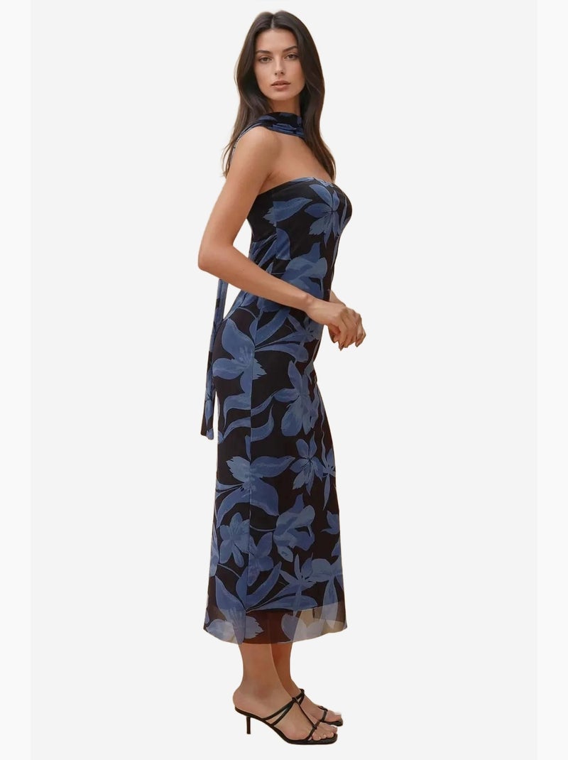 Vestido midi floral sem alças hiccup Azul-cobalto - Kiabi