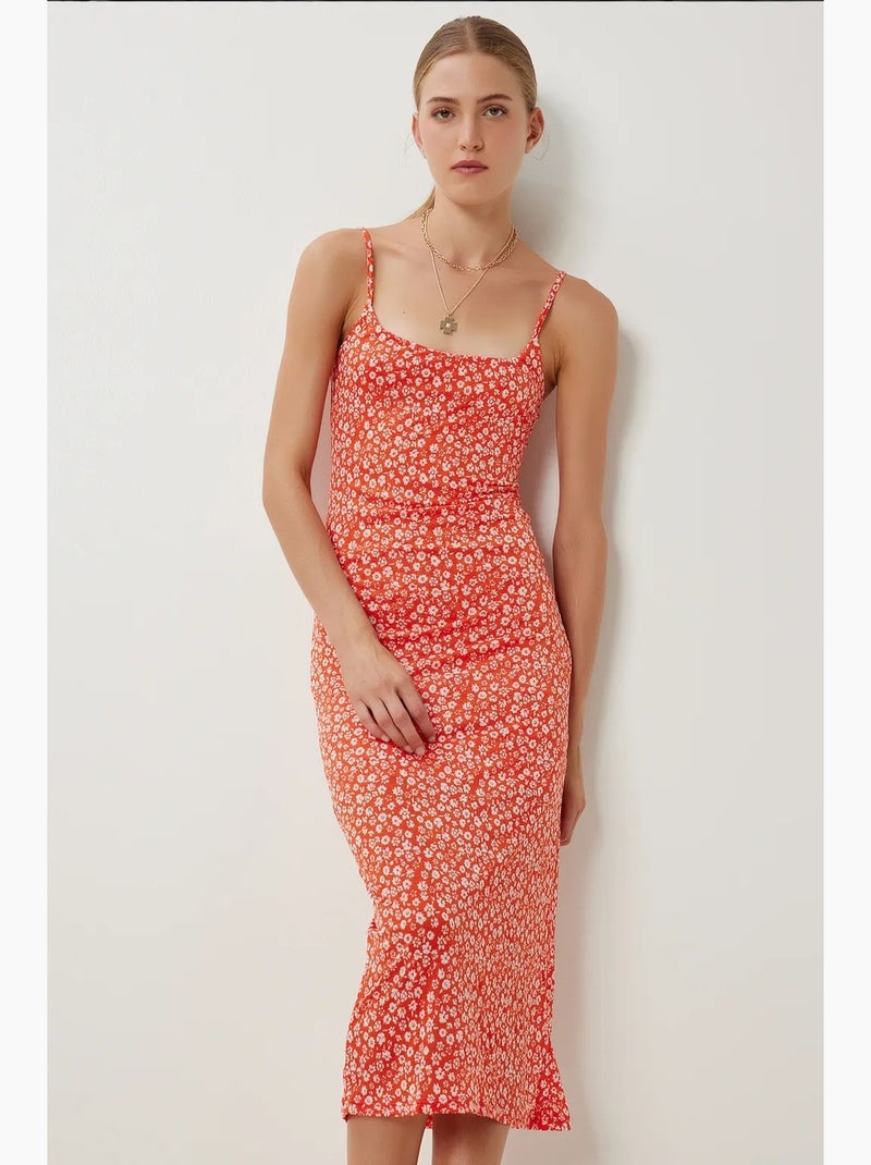 Vestido midi floral sem mangas com decote quadrado istanbul Laranja-mandarina - Kiabi