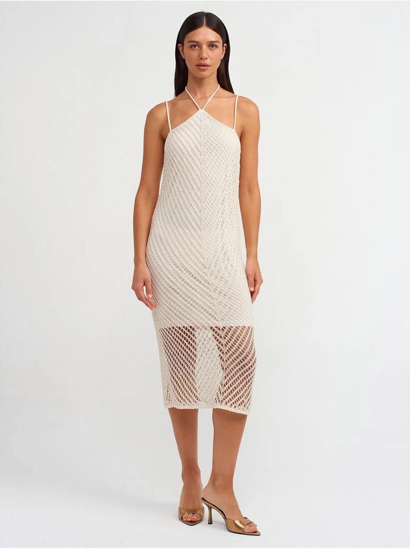 Vestido midi halter texturizado com recorte Creme - Kiabi