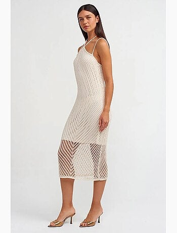Vestido midi halter texturizado com recorte dilvin