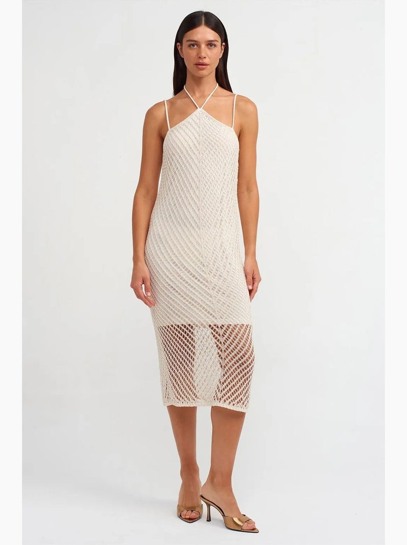 Vestido midi halter texturizado com recorte dilvin Creme - Kiabi